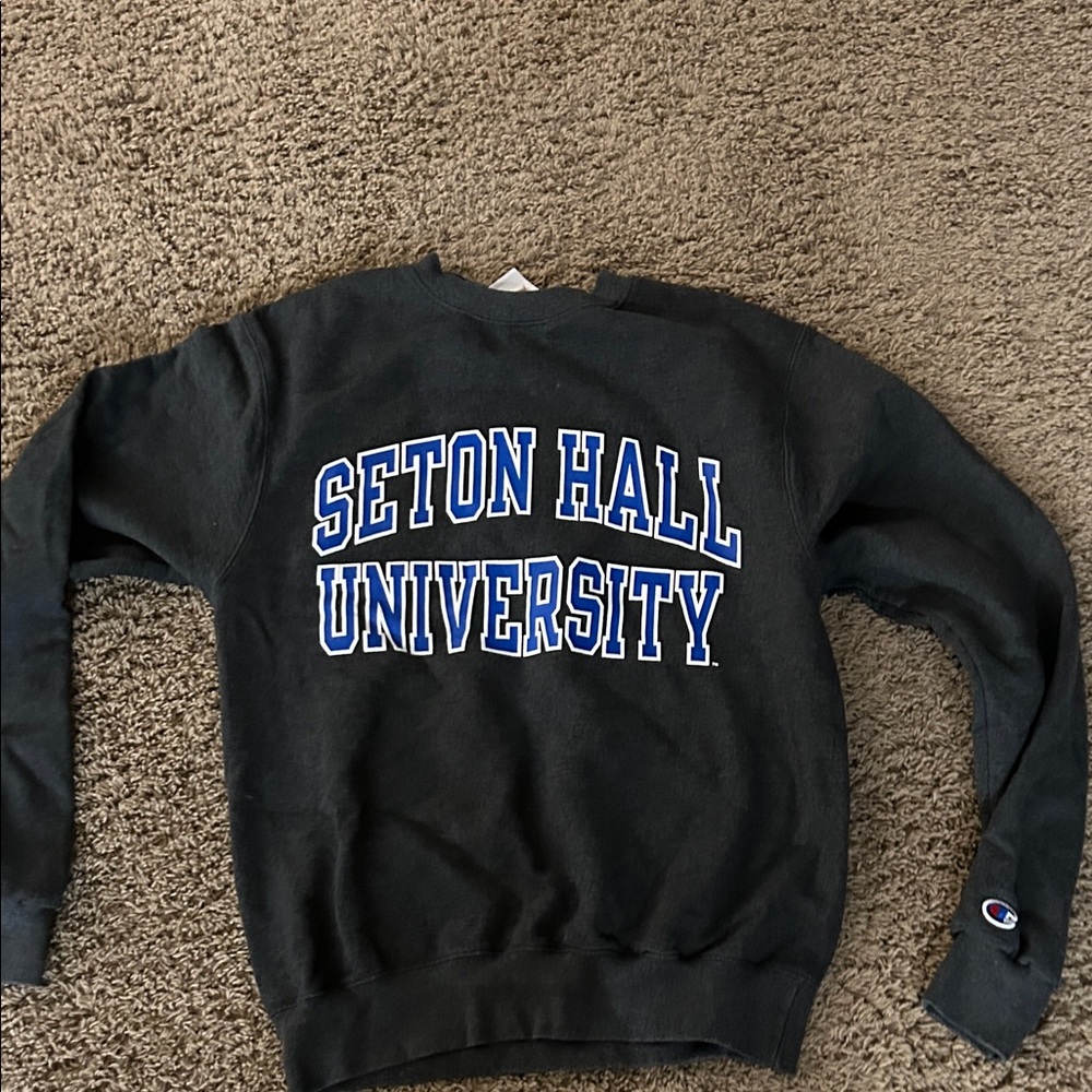 Champion Black Crewneck Sweater with Seton Hall University Logo